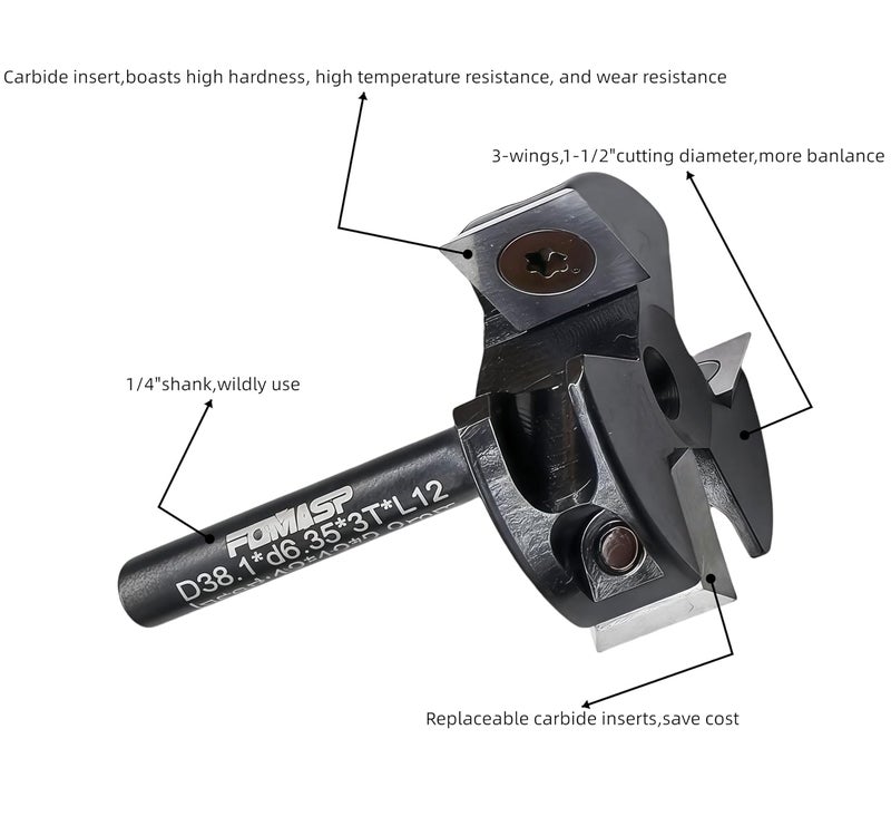 FomaSP CNC Spoilboard Surfacing Router Bit,1/4"(6.35mm) Shank,1-1/2"(38.1mm) Cutting Diameter,Slab Flattening Router Bit,Replaceable Carbide Inserts Wood Planer Bit with 3 Wings for Woodworking. - Image 5